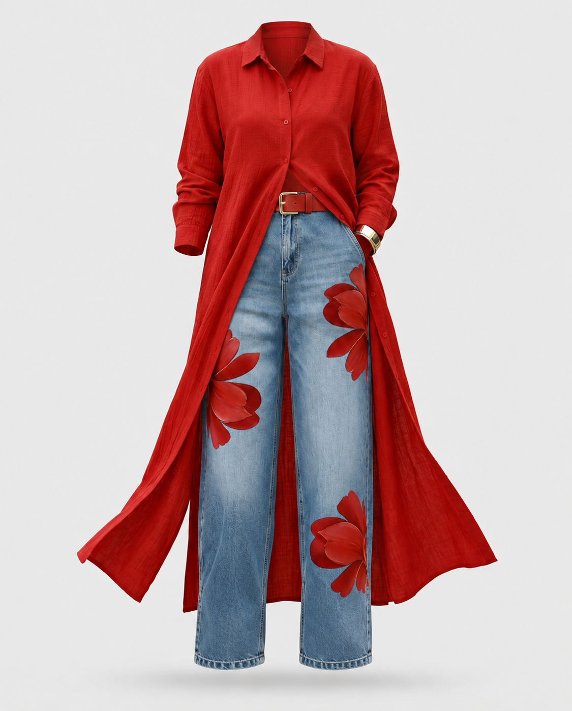 Conjunto Vestido Camisero Rojo y Jeans Anchos Florales