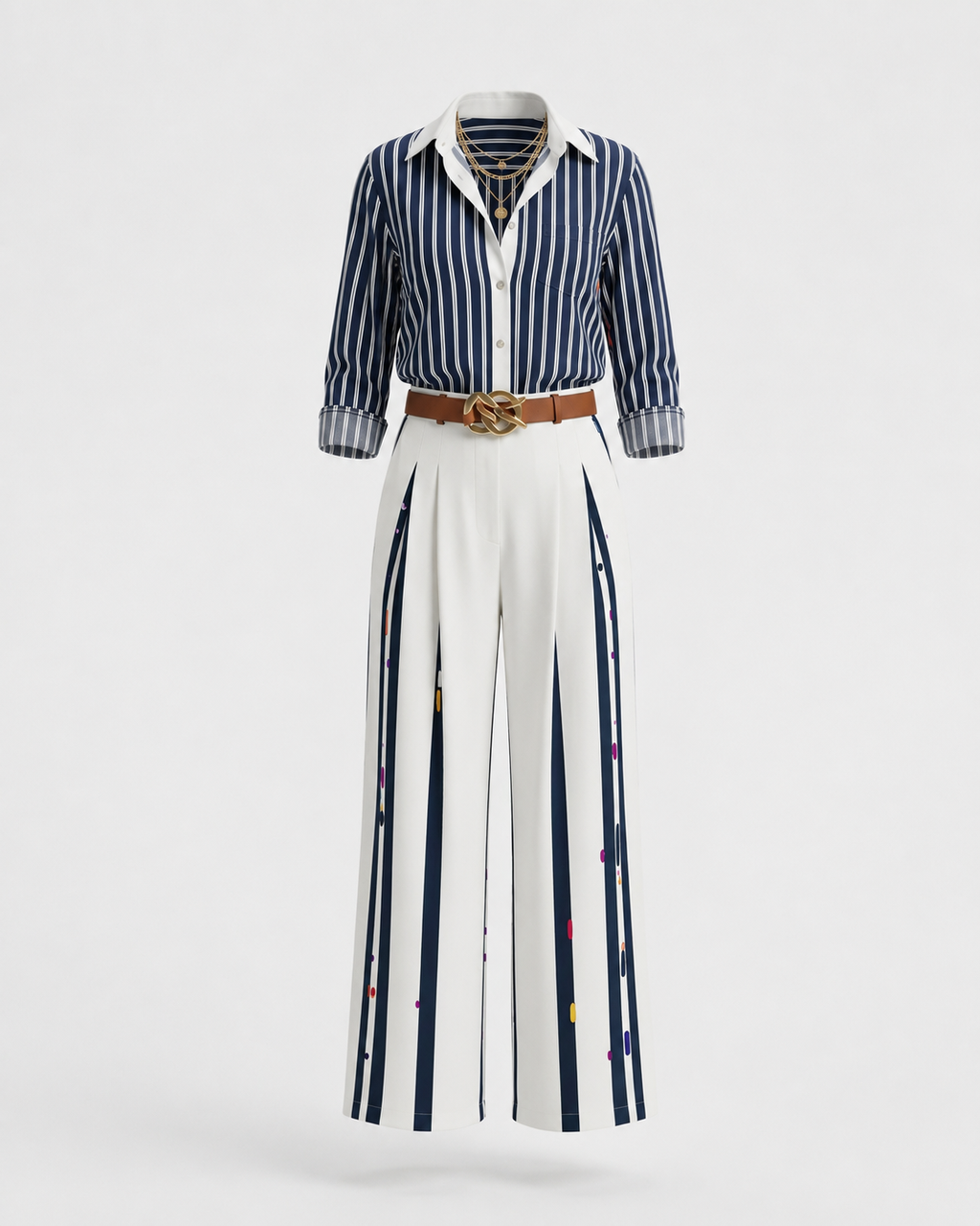 Conjunto De Mujer A Rayas Con Camisa Y Pantalón Ancho