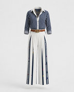 Conjunto De Mujer A Rayas Con Camisa Y Pantalón Ancho