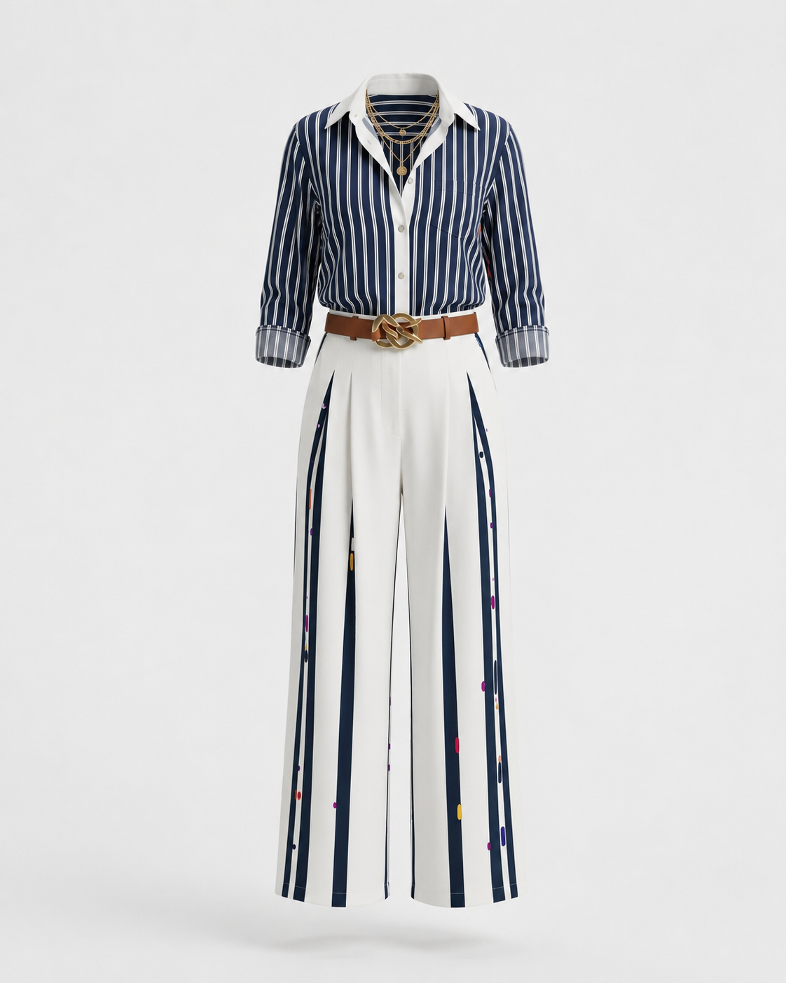 Conjunto De Mujer A Rayas Con Camisa Y Pantalón Ancho