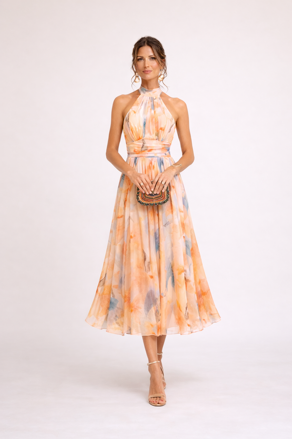 Fließendes Midi-Halterkleid mit Aquarell-Print