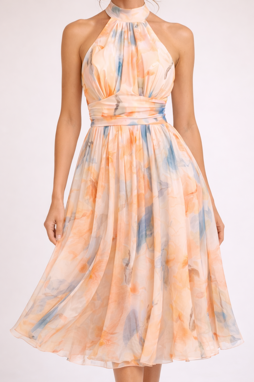 Fließendes Midi-Halterkleid mit Aquarell-Print