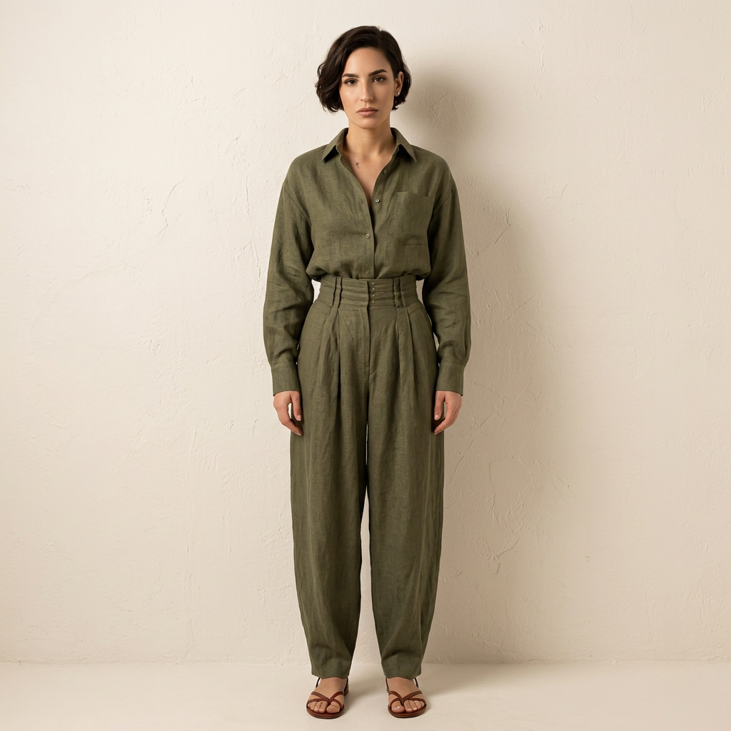 Conjunto Mujer Algodón Lino Camisa y Pantalón Ancho