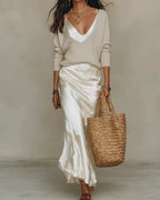 Conjunto Midi Satén con Jersey de Punto Elegante
