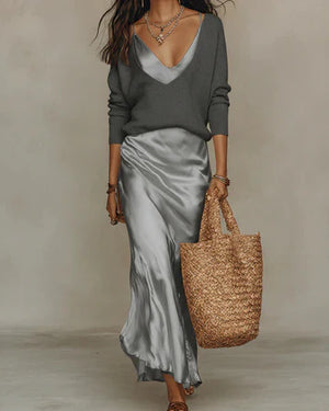 Conjunto Midi Satén con Jersey de Punto Elegante