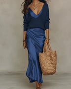 Conjunto Midi Satén con Jersey de Punto Elegante