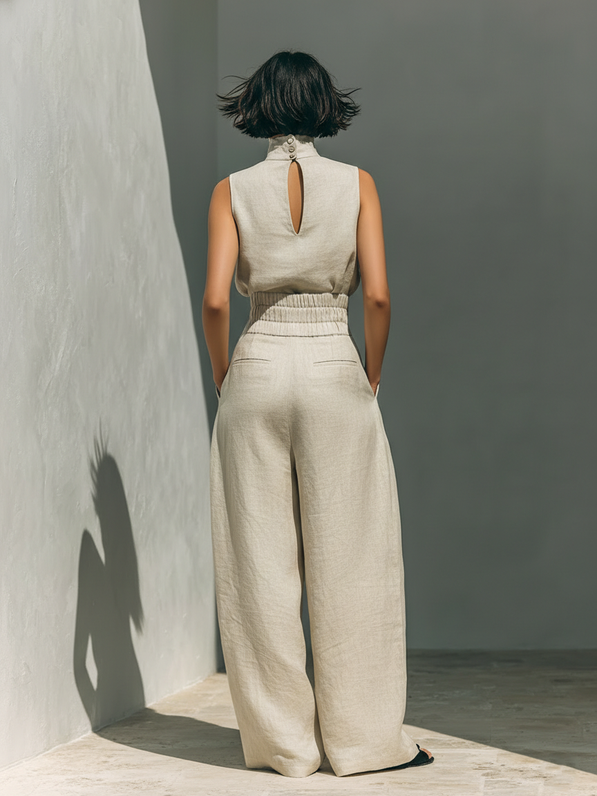 Conjunto Mujer Algodón Lino Sin Mangas Pantalón Ancho