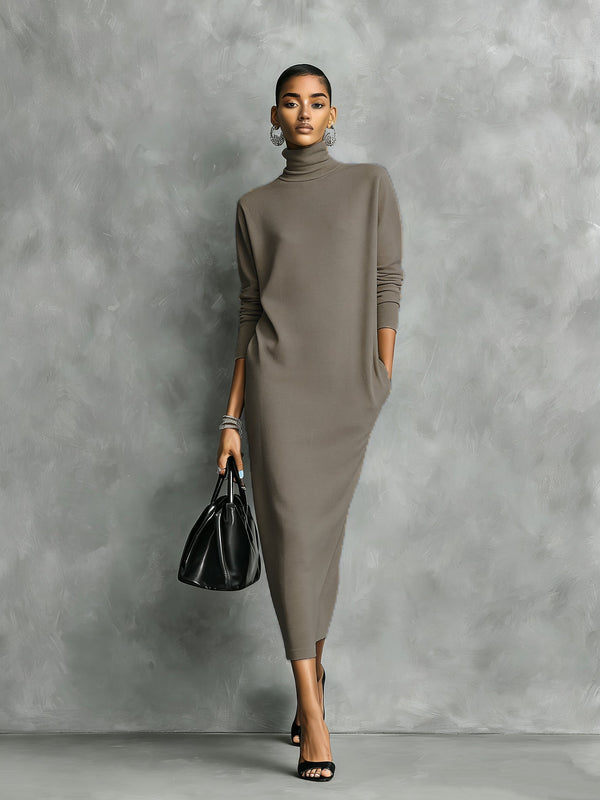 Vestido Midi De Punto Con Cuello Alto Y Manga Larga