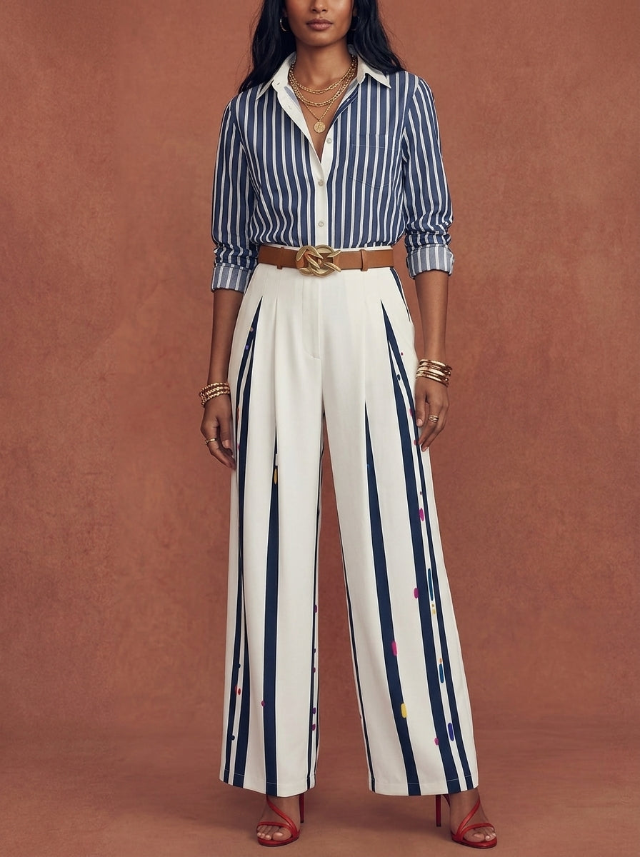 Ensemble Rayé Femme Avec Chemise Et Pantalon Large