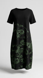 Vestido Patchwork con Flores y Cuello Redondo