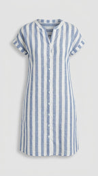 Vestido Camisero A Rayas De Algodón Lino Elegante