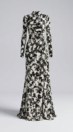 Vestido Maxi Floral Elegante Cuello Alto Manga Larga