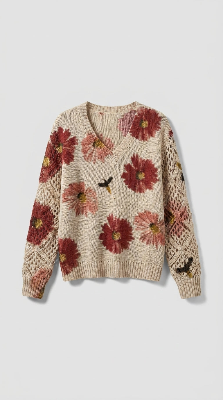 Jersey Elegante con Estampado Floral y Mangas Aireadas