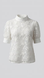 Blusa Casual de Encaje con Cuello Mao Oculto