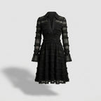 Zacapoaxtla™ Vestido Midi Negro con Flecos y Capas Semitransparentes
