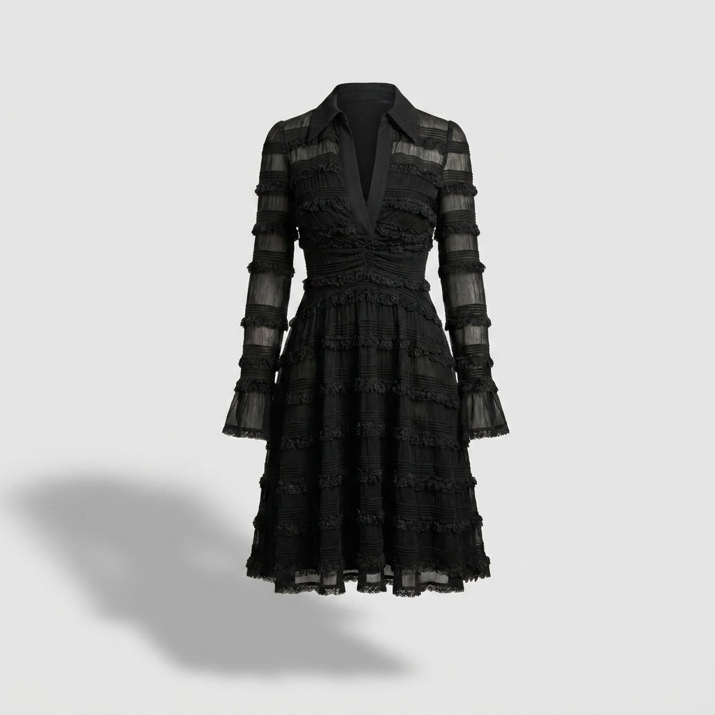 Zacapoaxtla™ Vestido Midi Negro con Flecos y Capas Semitransparentes