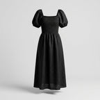 Vestido Midi De Lino Con Nido De Abeja Y Mangas Abullonadas