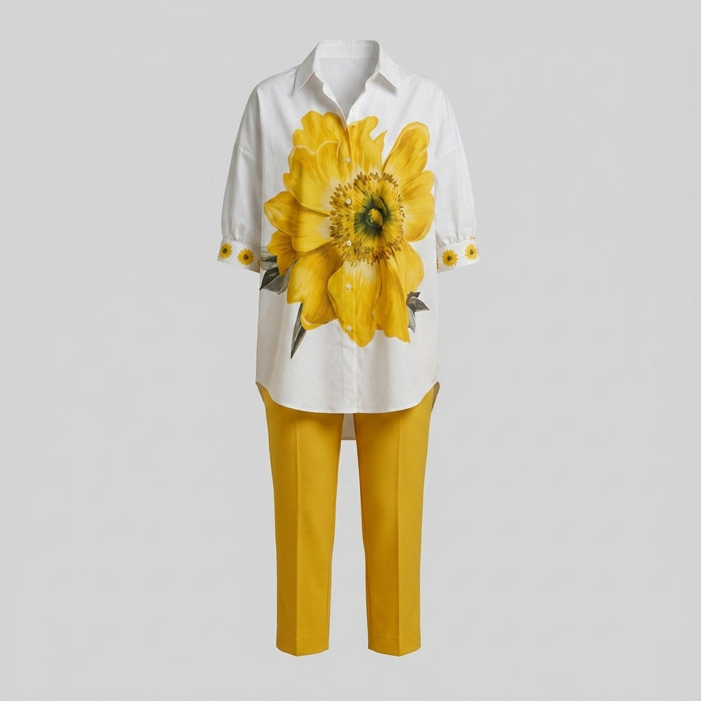 Conjunto Doble Floral Mujer Top Oversize y Pantalón Cropped