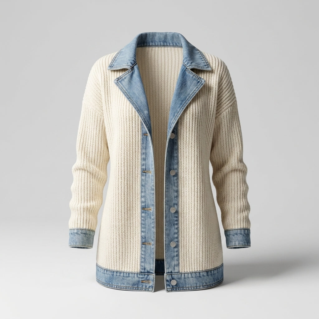 Chaqueta Feminina Punto y Denim Efecto Capa Casual