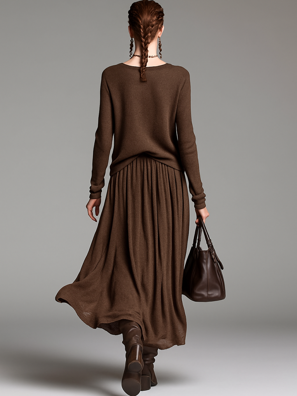 Conjunto De Falda Y Suéter De Punto Con Cuello Redondo