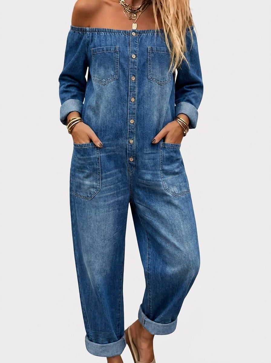 Chalchiuitl™ Jumpsuit de Mezclilla con Hombros Descubiertos y Pantalón Acampanado