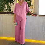 Conjunto Pantalón Pierna Ancha y Top Asimétrico