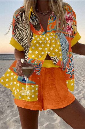 Set Damen-T-Shirt und Shorts aus Leinen-Baumwolle, lässig