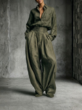 Women's Set in Cotton and Linen, Shirt and Wide-Leg Pants