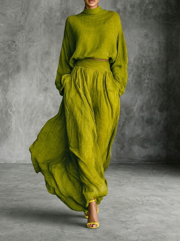 Conjunto Mujer Algodón Lino Verde Con Pantalón Ancho