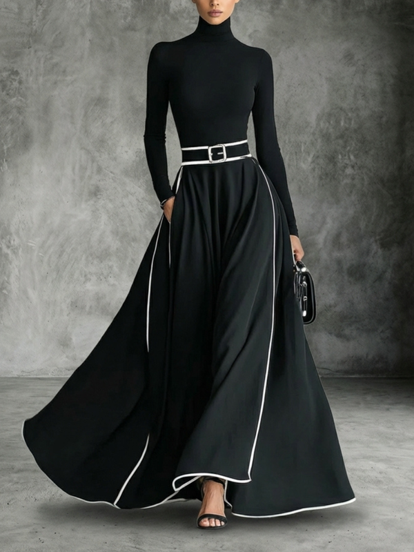 Elegantes figurbetontes schwarzes Maxikleid mit Rollkragen