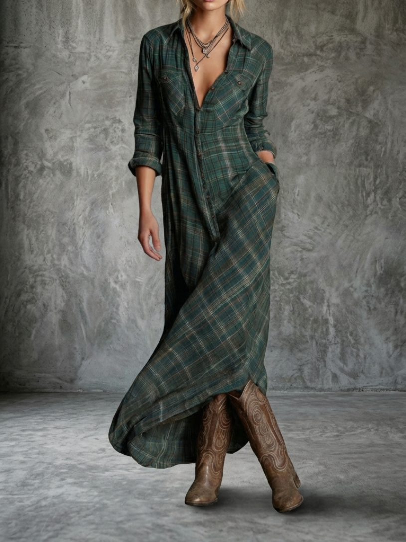 Vestido Maxi Camisero de Rayas con Cuello para Mujer