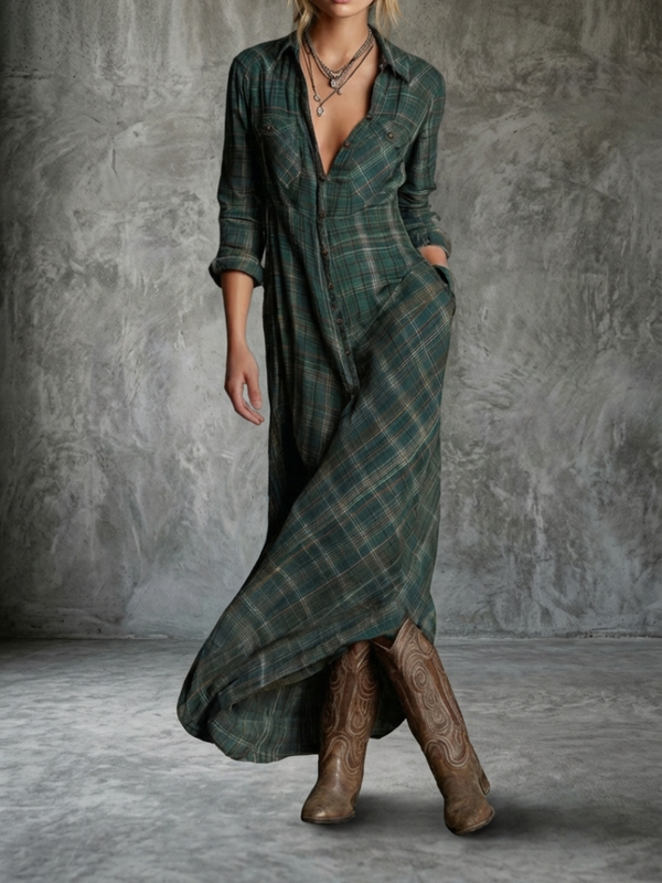 Vestido Maxi Camisero de Rayas con Cuello para Mujer