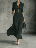 Elegant Maxi Dress with Lapel Collar and Pleated Skirt