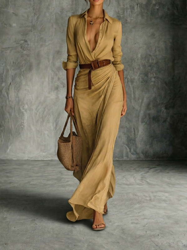 Vestido Maxi Elegante con Cuello y Cinturón Mujer