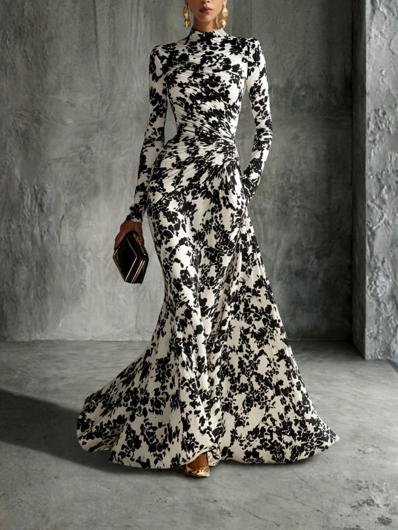 Elegantes geblümtes Maxi-Kleid mit Stehkragen und langen Ärmeln