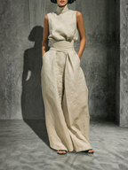 Conjunto Mujer Algodón Lino Sin Mangas Pantalón Ancho