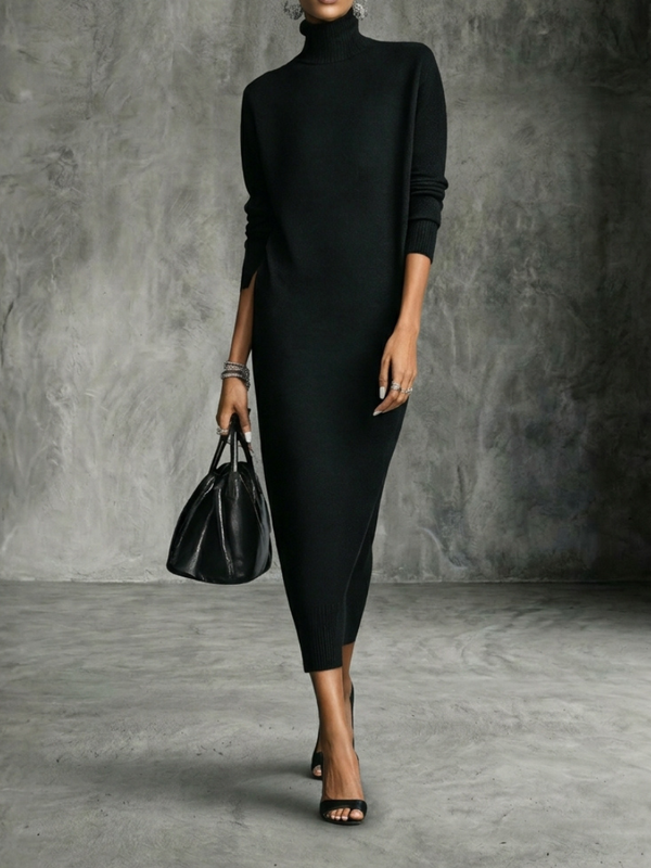 Vestido Midi De Punto Con Cuello Alto Y Manga Larga