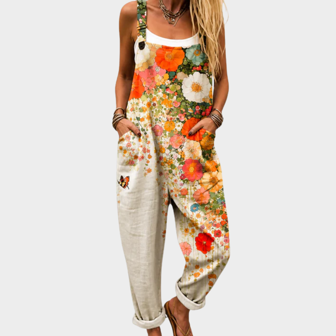 Libre | Neutral Free-Spirit Floral Strap Jumpsuit