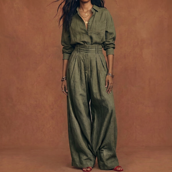 Conjunto Mujer Algodón Lino Camisa y Pantalón Ancho