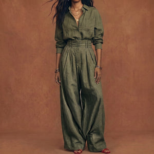 Damen-Set aus Baumwolle und Leinen mit Hemd und weiter Hose