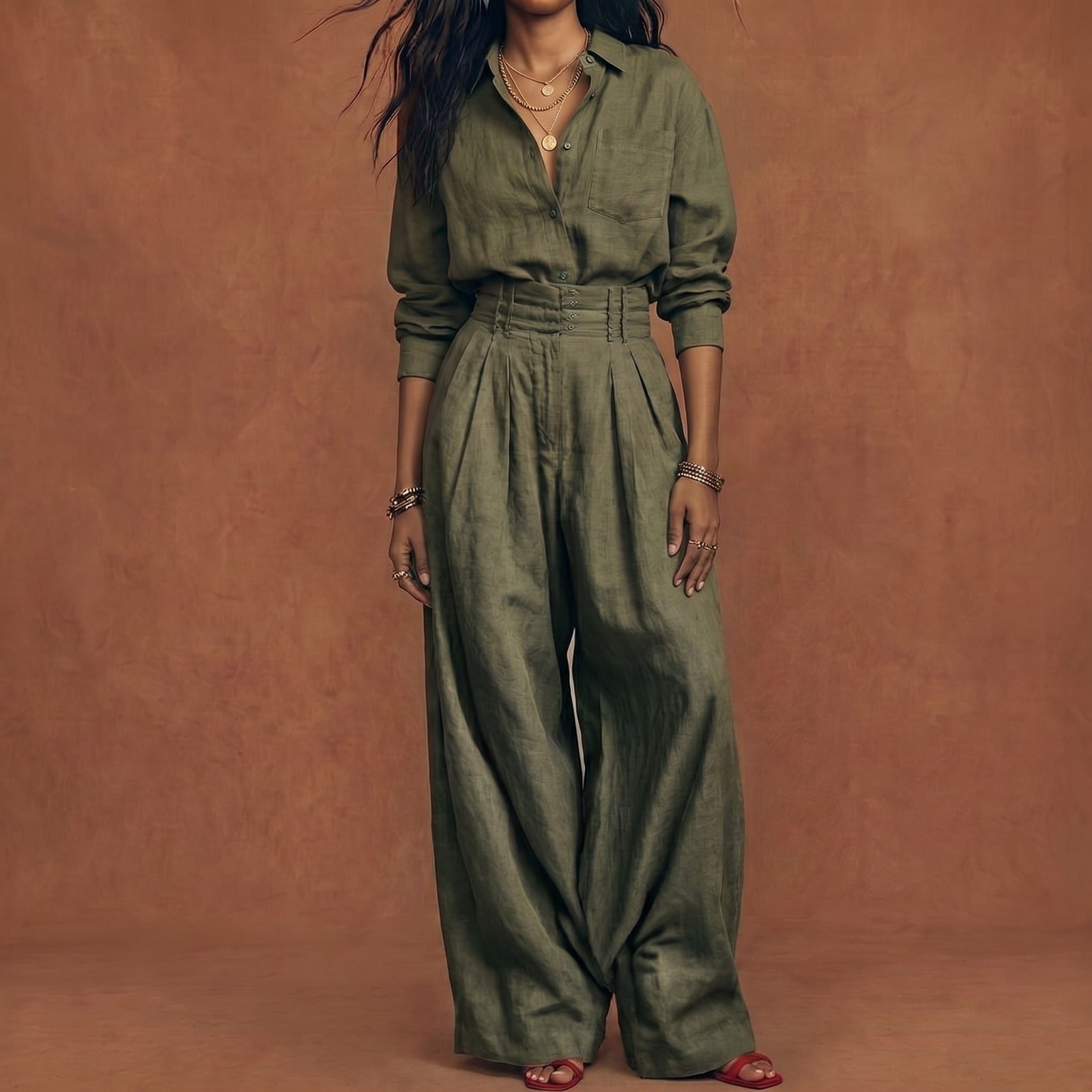 Conjunto Mujer Algodón Lino Camisa y Pantalón Ancho