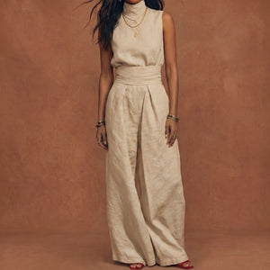 Conjunto Mujer Algodón Lino Sin Mangas Pantalón Ancho