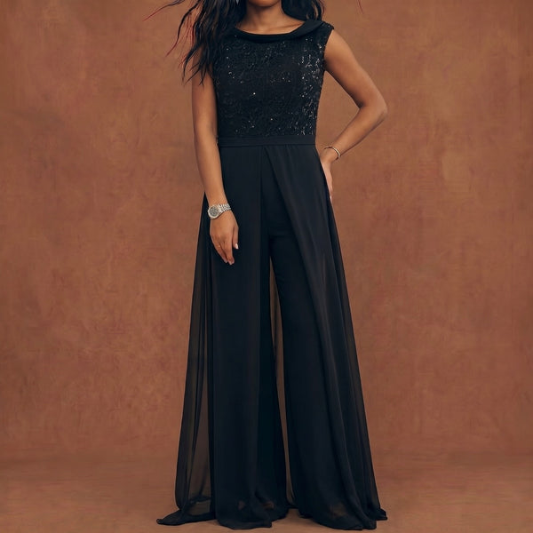 Jumpsuit De Gala Negro Con Falda De Chifón Superpuesta