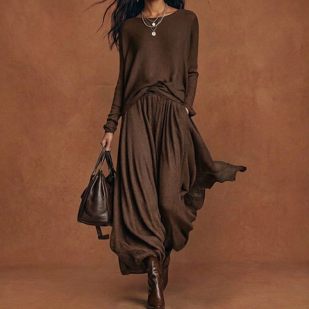 Conjunto De Falda Y Suéter De Punto Con Cuello Redondo