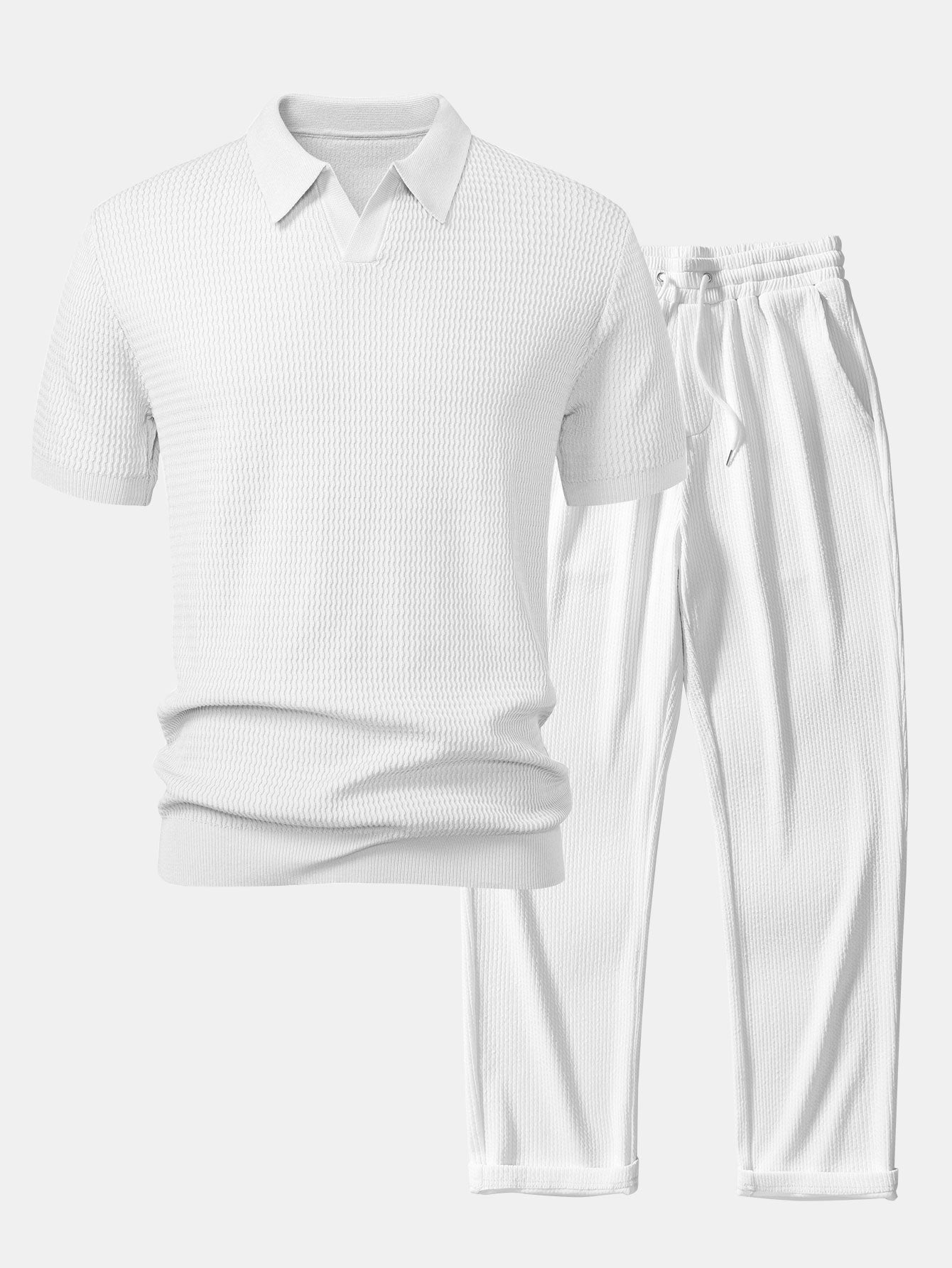 Conjunto Punto Jacquard Polo V y Pantalón Recto Acanalado