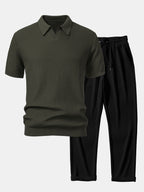 Conjunto Punto Jacquard Polo V y Pantalón Recto Acanalado