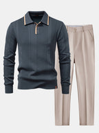 Conjunto Polo Jacquard de Punto y Pantalón Slim Entallado