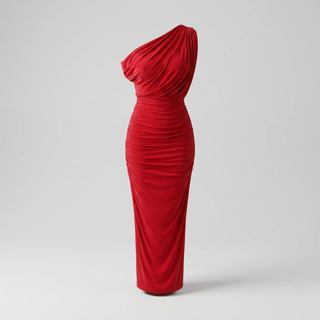 Ixchel™ Vestido Midi Rojo con Escote Drapeado y Hombros Descubiertos
