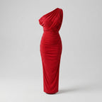 Ixchel™ Vestido Midi Rojo con Escote Drapeado y Hombros Descubiertos