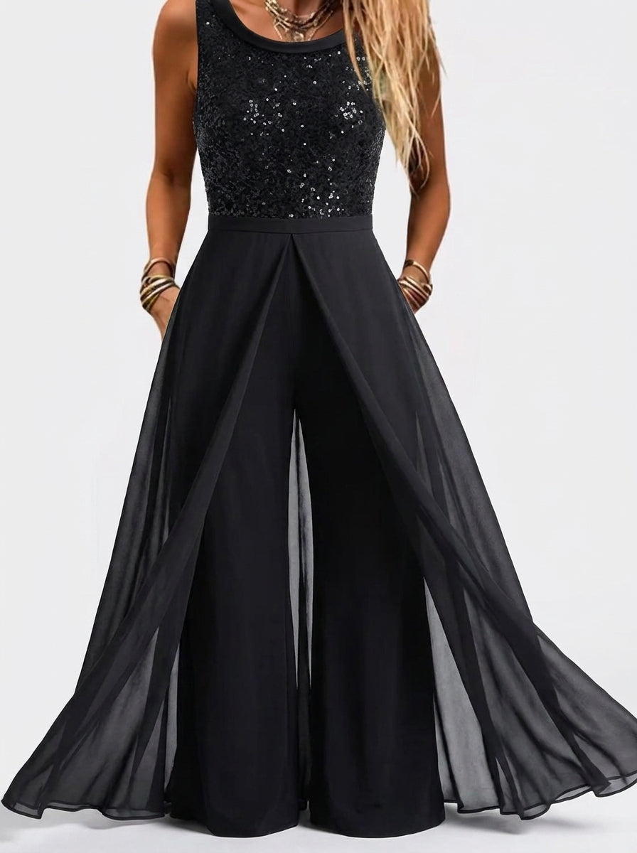 Georgina™ Jumpsuit de Gala Negro con Falda de Chifón Superpuesta
